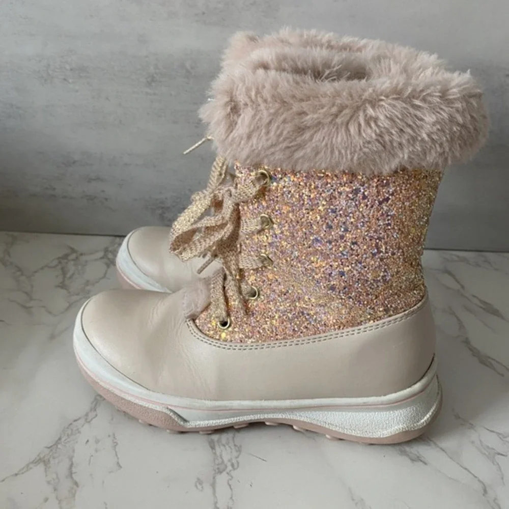 Olive & Edie Boots Big‎ Kid Sz 1M Pink Glittery Girly Faux Fur Waterproof Winter
